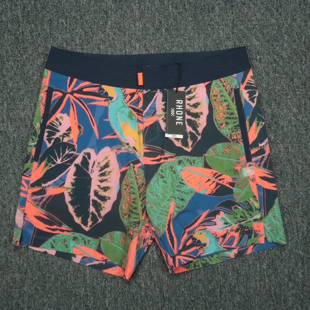 Rhone Board Shorts Mens 32 Blue Green Pink Floral Point Break Swim Stretch NWT